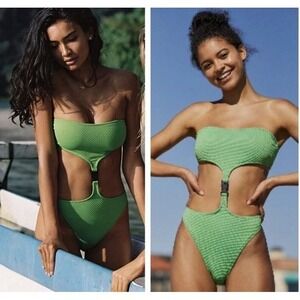 TWIIN Green Monokini One Piece Swimsuit NWT Bandeau Top High Cut Buckle Detail M